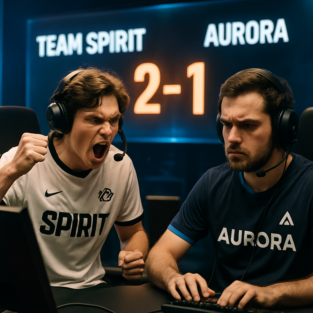 An intense eSports moment between Team Spirit and Aurora, showing players in action with